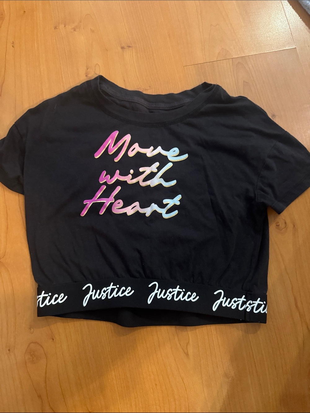 Justice Black Cropped Tee with Multicolor 'Move with Heart' Script